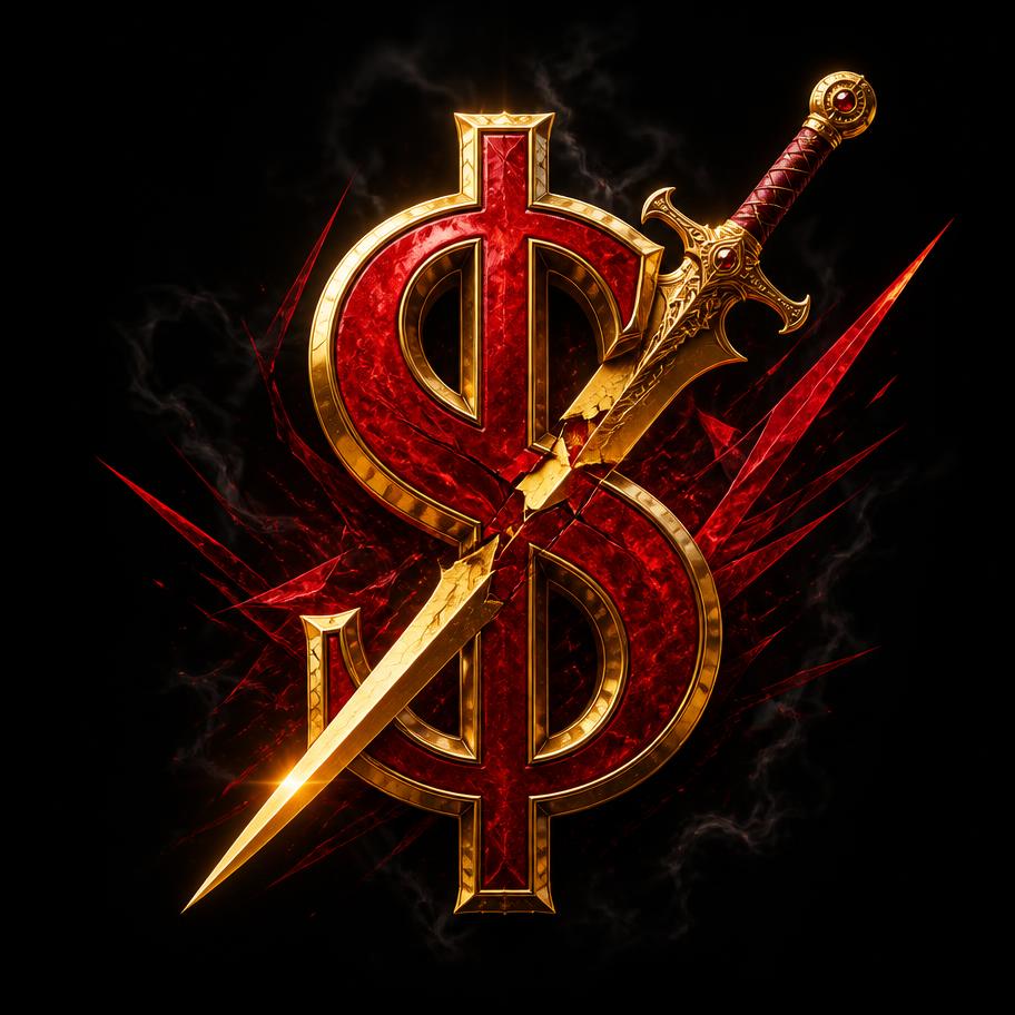 Gold sword cutting through a crimson dollar sign